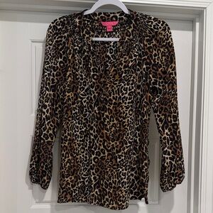 Lilly Pulitzer Leopard Print V-Neck Blouse in Brown & Black